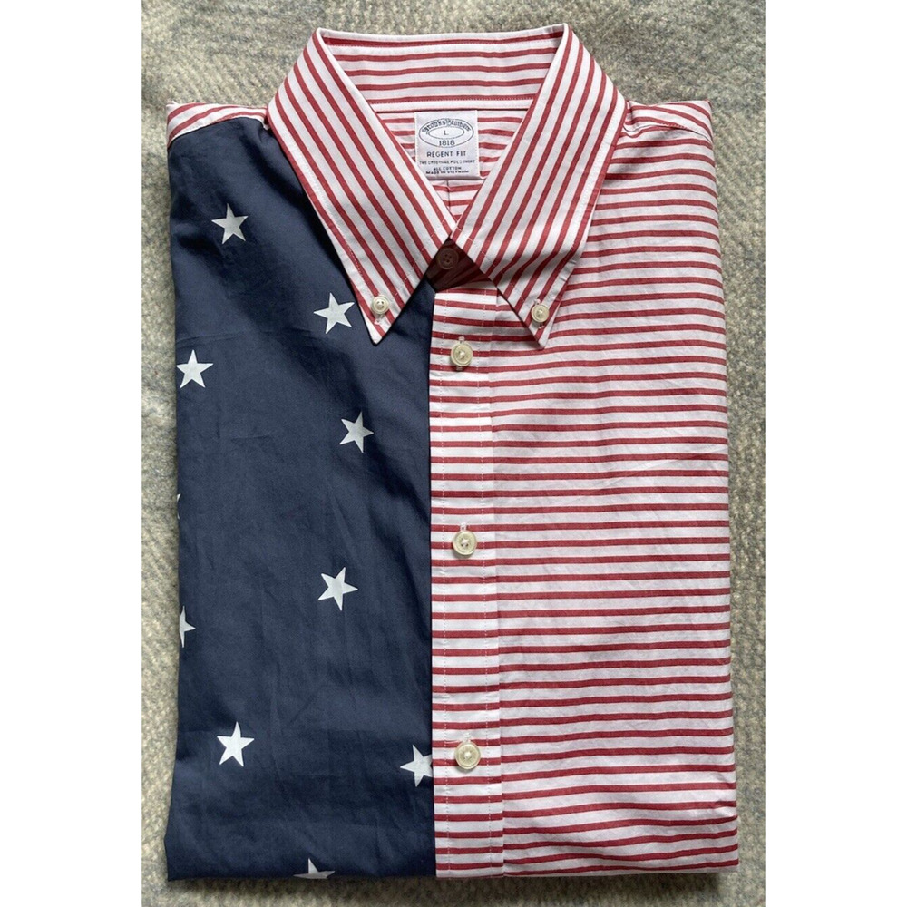 Brooks Brothers Short Sleeve Button Up Red White Blue Stars Stripes, Mens Large